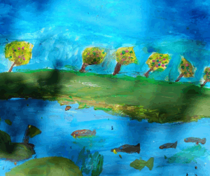 obrazek przedstawia krajobraz z rzekę, w której pływają ryby. Obrazek namalowany przez dziecko, w pogodnych kolorach